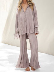 Solid Color Flared Sleeves Long Sleeves Buttoned Drawstring Pleated Split-Side Lapel Shirts Top + Pants Bottom Pajama Sets