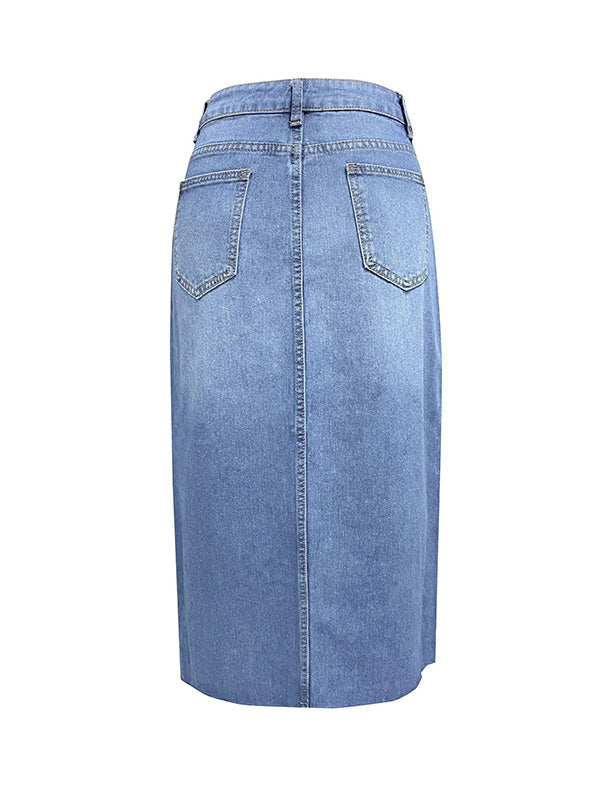 Fringed Pockets Split-Front A-Line High Waisted Skirts Bottoms