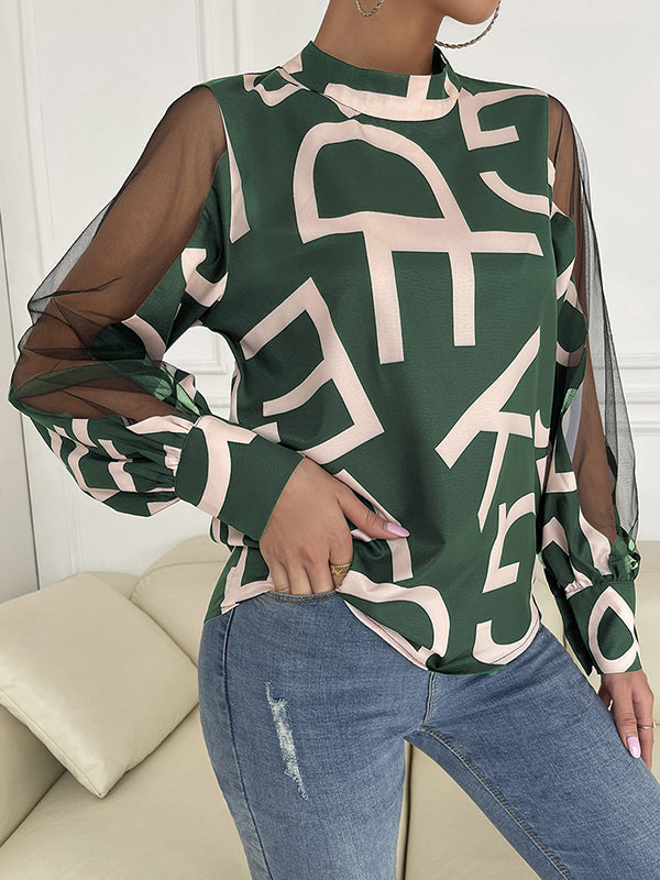 Buttoned Hollow Letter Print See-Through Split-Joint Long Sleeves Round-neck Shirts Tops Blouses&shirts Tops