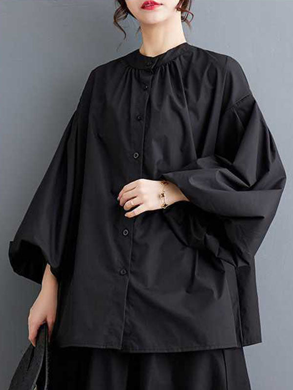Buttoned Hollow Pleated Solid Color Loose Nine-Minute Sleeve Round-Neck Blouses&Shirts Tops