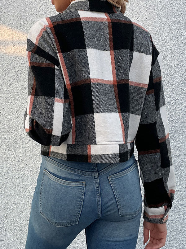 Buttoned Plaid Pockets Split-Joint Long Sleeves Loose Lapel Outerwear Jackets