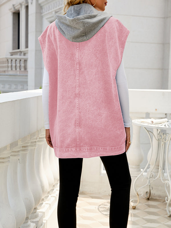 Buttoned Detachable Hooded Pockets Split-Joint Loose Sleeveless Lapel Collar Vest Outerwear