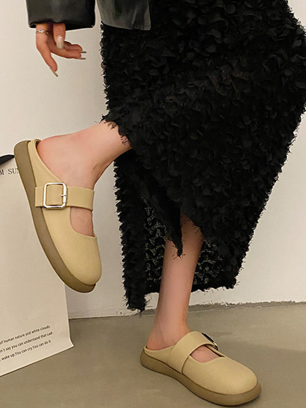 Belt Buckle Round-Toe Shallow Cut Split-Joint Slippers&Mules Platform Shoes