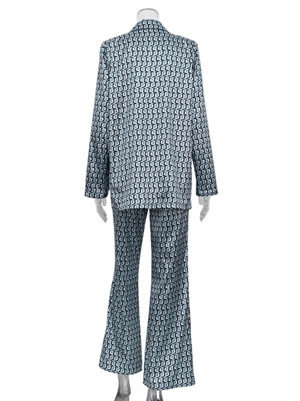 Printed Long Sleeves Lapel Outwear Top + Flared Trousers Bottom Two Pieces Set