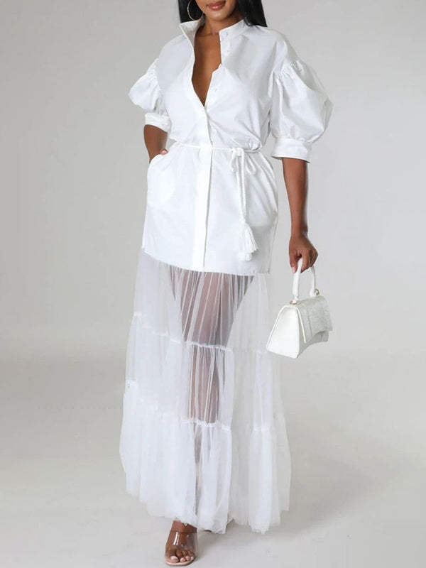 Gauze Pleated See-Through Solid Color Split-Joint Tied Waist Puff Sleeves Lapel Maxi Dresses