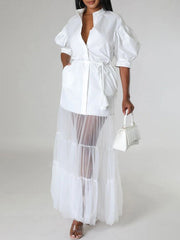 Gauze Pleated See-Through Solid Color Split-Joint Tied Waist Puff Sleeves Lapel Maxi Dresses