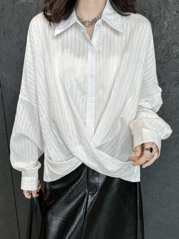 Buttoned Solid Color Long Sleeves Loose Lapel Blouses&Shirts Tops