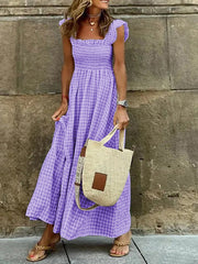 Elasticity Plaid Pleated Split-Joint Loose Sleeveless Square-Neck Maxi Dresses