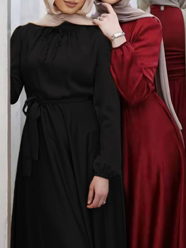 Pleated Solid Color Tied Waist Long Sleeves Loose Maxi Dresses