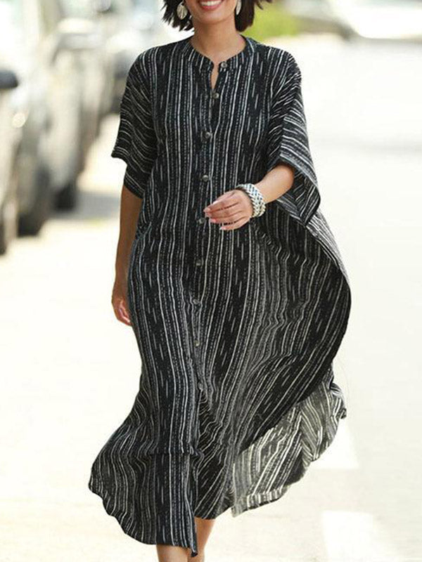 Buttoned Pockets Striped Batwing Sleeves Half Sleeves Round-Neck Maxi Dresses Beach Cover-Up