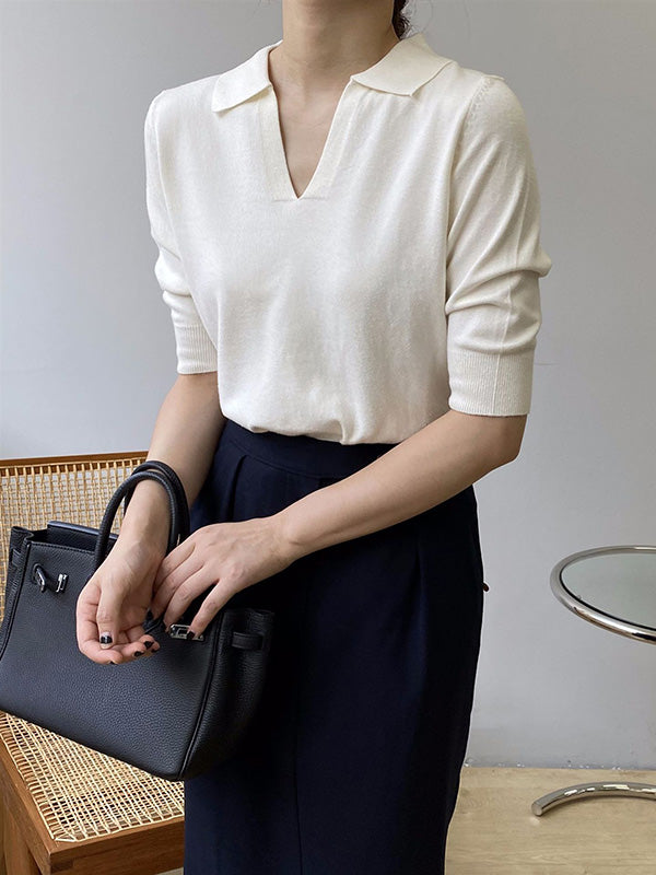 7 Colors Urban Solid Color Half Sleeves Knitting Shirt Top
