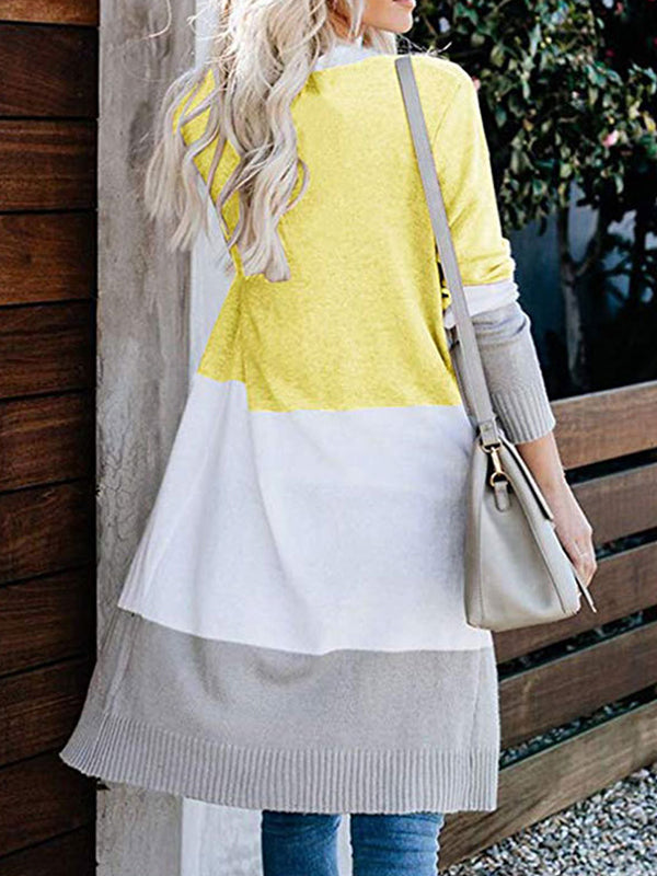 Contrast Color Long Sleeves Loose V-Neck Cardigan Tops