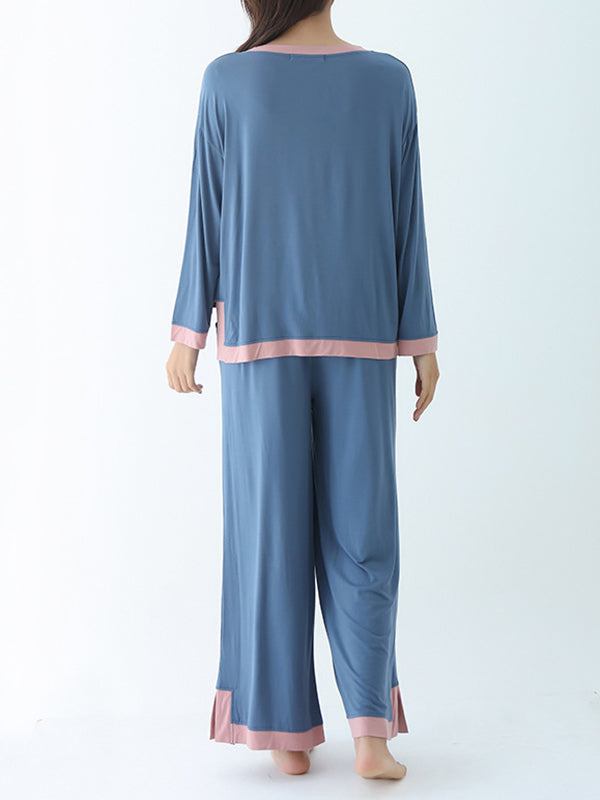 Contrast Color Long Sleeves Loose Round-neck Two Pieces Pajama Set