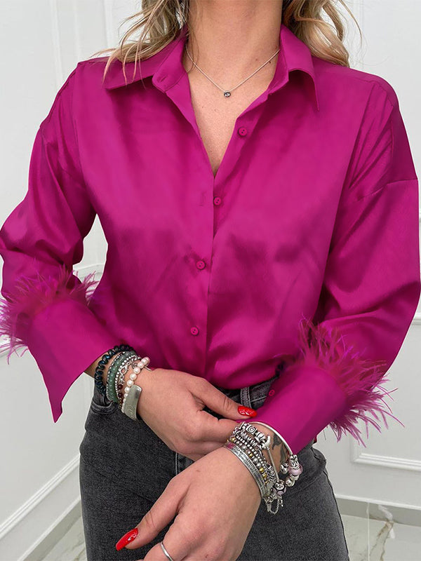 Loose Wrap Feathers Solid Color Split-Joint Lapel Collar Blouses&Shirts Tops