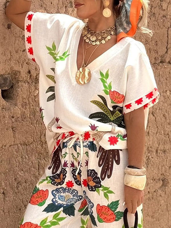 Printed Split-Joint Loose Raglan Sleeve V-neck Blouses&shirts Tops