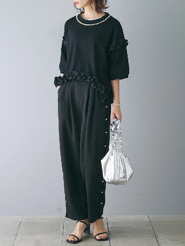 Beaded Ruffled Solid Color Half Sleeves Round-Neck T-Shirts Tops&Pants Two Pieces Set