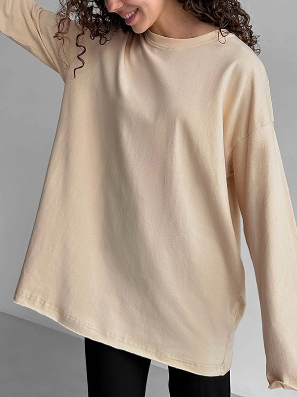 Solid Color Long Sleeves Loose Round-Neck T-Shirts Tops