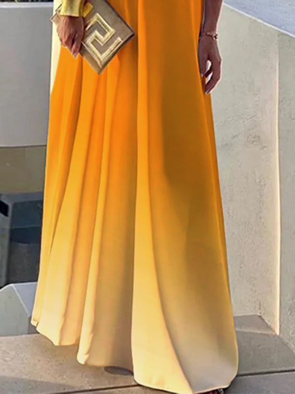 Gradient Split-Joint Loose Sleeveless One-shoulder Maxi Dresses