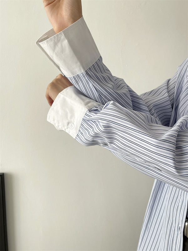 Pleated Split-Joint Striped Irregular Clipping Lapel Blouses