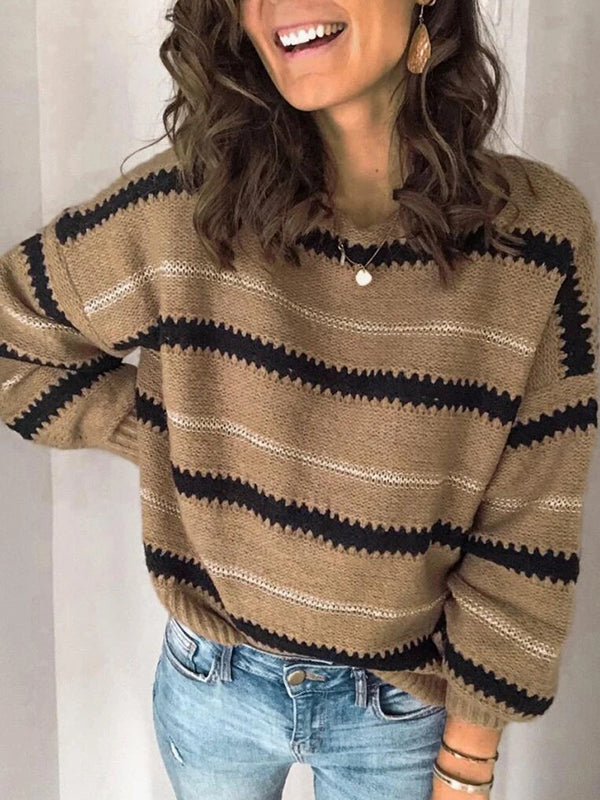 Striped Long Sleeves Loose Round-Neck Sweater Tops Pullovers Knitwear