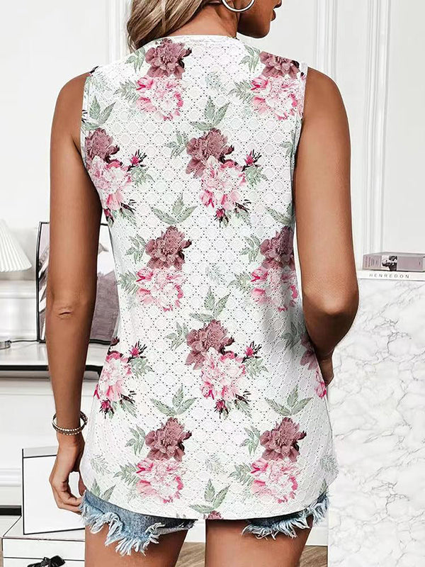 Flower Print Split-Joint Loose Sleeveless Round-Neck Vest Top