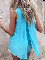 Solid Color Split-Back Split-Front Split-Joint Loose Sleeveless Round-Neck Vest Top