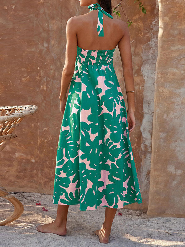 Hollow Printed Split-Joint A-line Loose Halter-Neck Midi Dresses