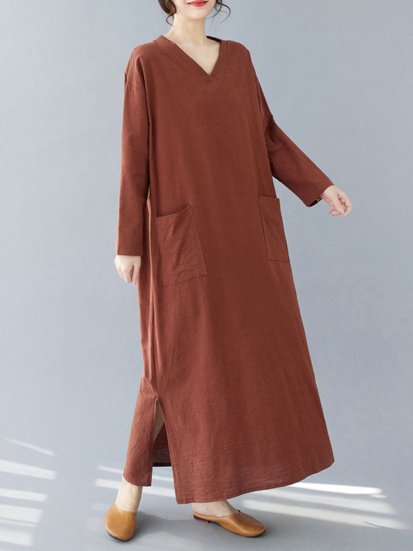 Pockets Solid Color Split-Side A-Line Long Sleeves V-Neck Maxi Dresses