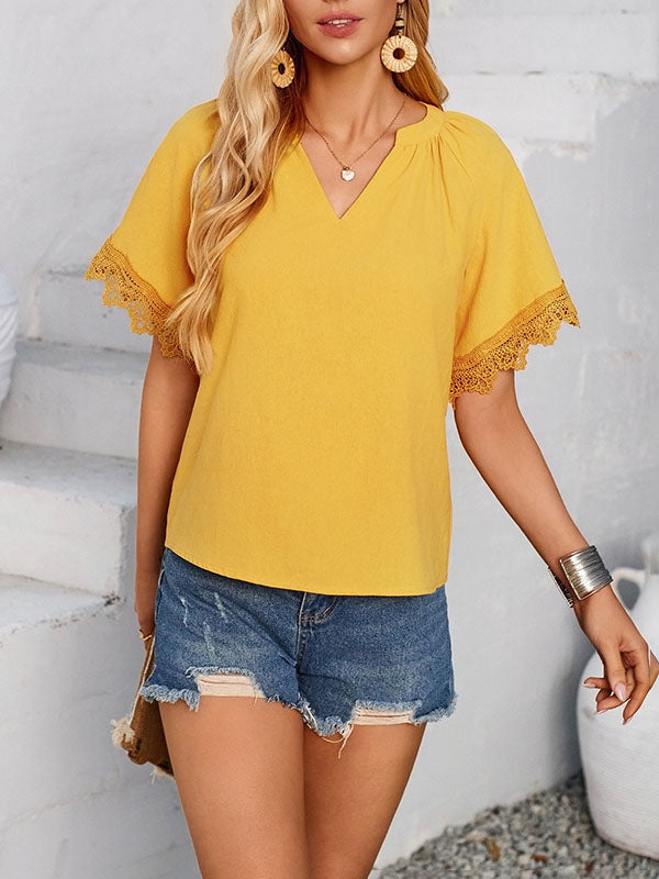 Solid Color Split-Joint Loose V-neck T-Shirts Tops