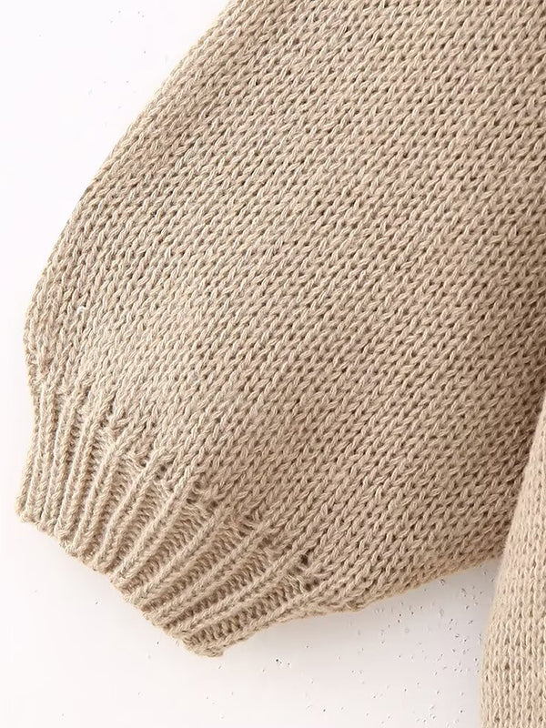 Buttoned Split-Joint Loose Puff Sleeves Round-neck Cardigan Tops
