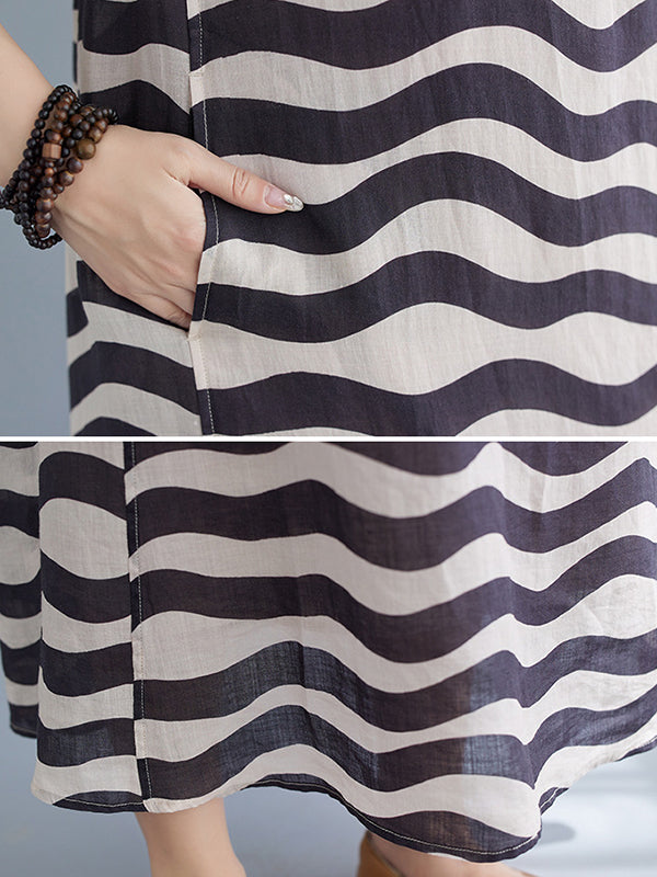 Striped Loose Sleeveless V-neck Midi Dresses