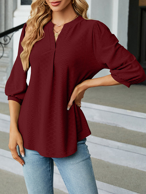 Jacquard Pleated Solid Color Split-Joint Loose Puff Sleeves V-Neck T-Shirts Tops