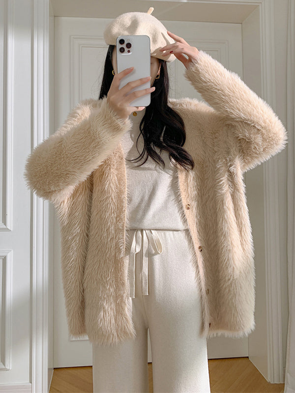 Casual Long Sleeves Loose Solid Color V-Neck Cardigan Tops