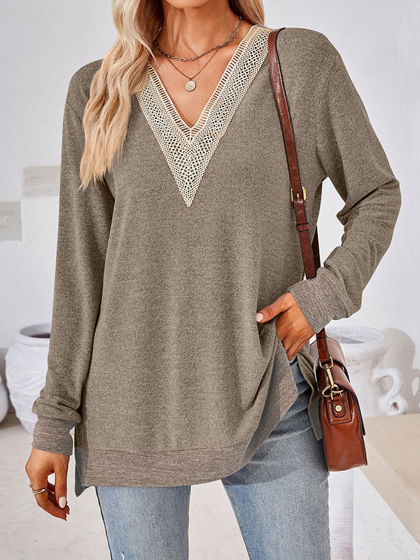 Hollow Split-Joint Split-Side Long Sleeves Loose V-Neck T-Shirts Tops