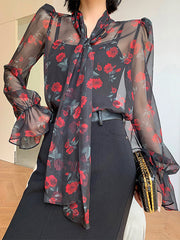 Elasticity Flower Print Mesh Tied Flared Sleeves Long Sleeves V-Neck Blouses&Shirts Tops