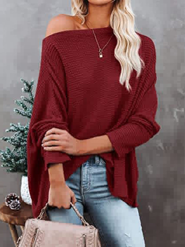 Solid Color Split-side Long Sleeves Loose Boat Neck T-shirts