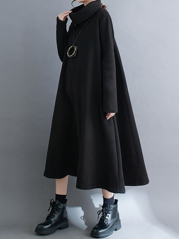 Asymmetric Solid Color Zipper A-Line Long Sleeves High Neck Midi Dresses