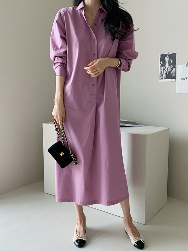 Casual 3 Colors Loose Split-Side Solid Color Midi Dress Shirt Dress