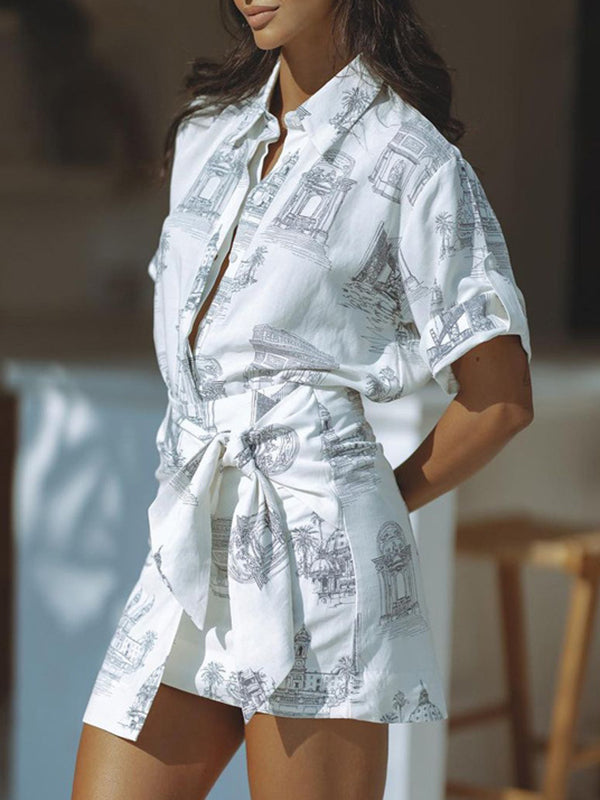 Lapel Loose Buttoned Printed Blouses Tops + Tied Bodycon Skirts bottom Two Pieces Set