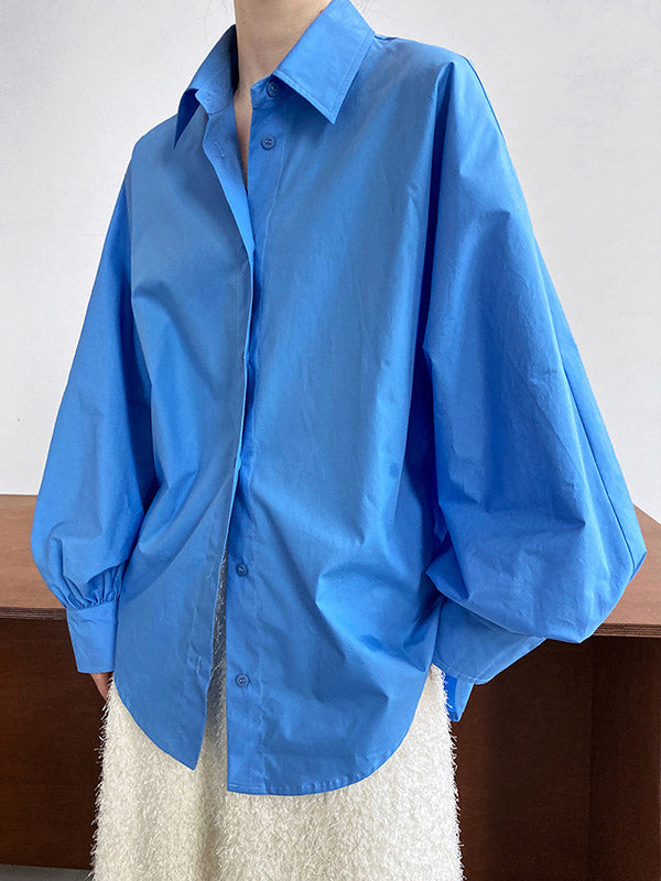 Buttoned Pleated Solid Color Long Sleeves Loose Lapel Blouses&Shirts Tops