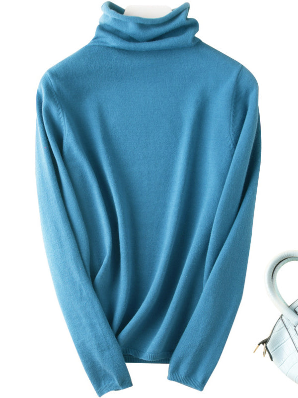 Casual Skinny Long Sleeves Solid Color Heaps Collar Sweater Tops Pullovers