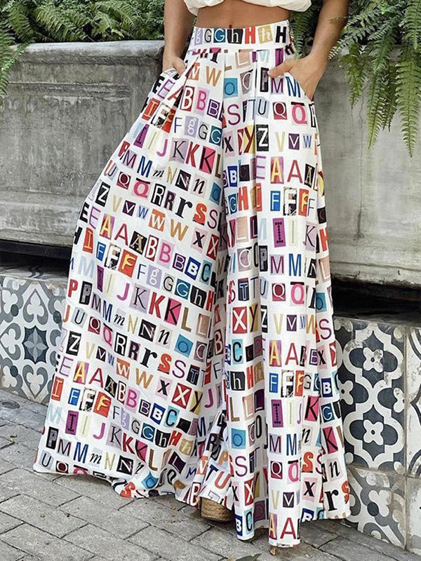 Loose Wide Leg Contrast Color Letter Print Casual Pants Bottoms