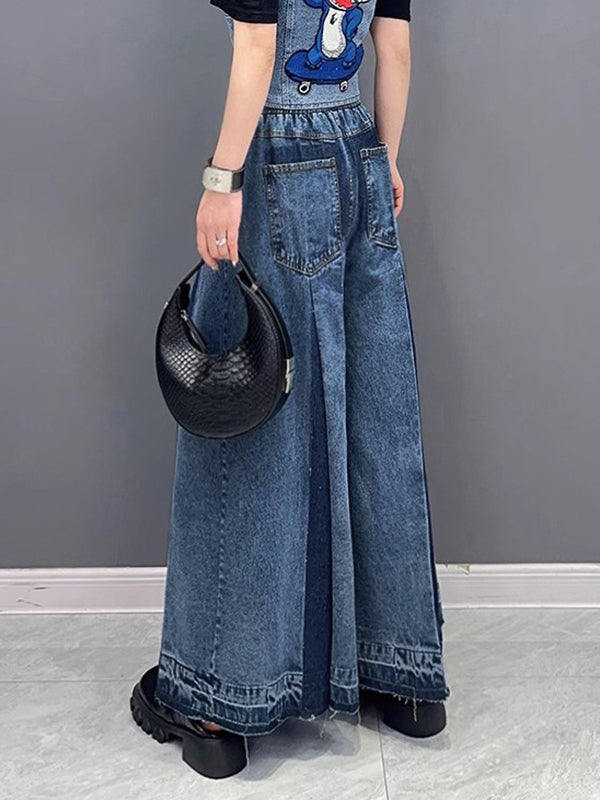 Contrast Color Drawstring Fringed Pockets Loose Wide Leg Jean Pants Bottoms
