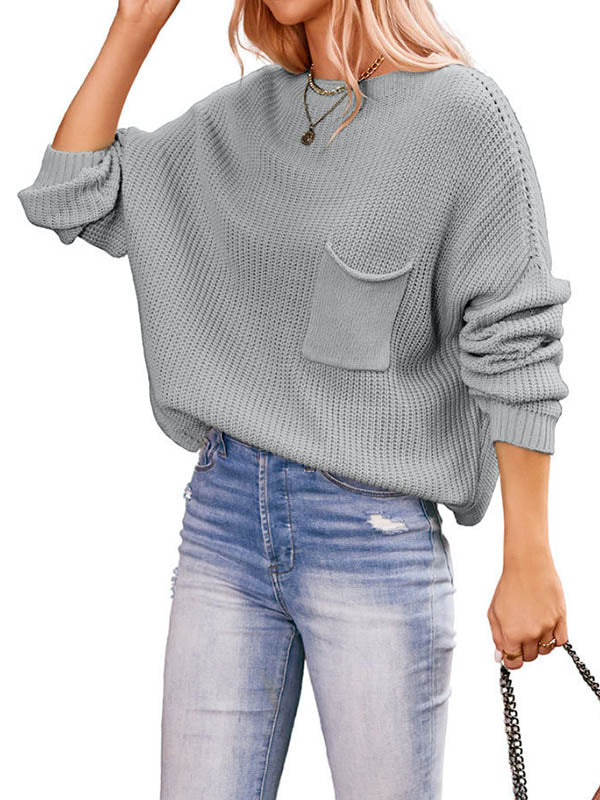 Pockets Solid Color Long Sleeves Loose Round-Neck Sweater Tops Pullovers
