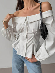 Buttoned Elasticity Pockets Solid Color Long Sleeves Loose Off-The-Shoulder Blouses&Shirts Tops