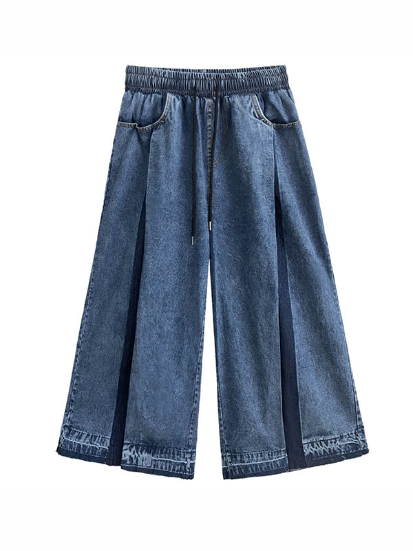 Contrast Color Drawstring Fringed Pockets Loose Wide Leg Jean Pants Bottoms