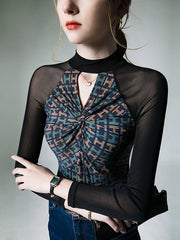 Hollow Knot Letter Print Split-Joint Long Sleeves Skinny Mock Neck T-Shirts Tops