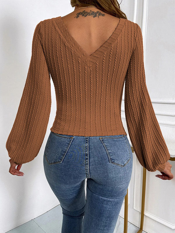 Solid Color Long Sleeves Puff Sleeves V-Neck T-Shirts Tops