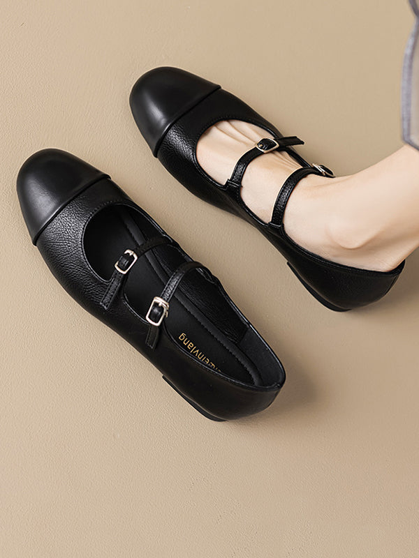 Belt Buckle Round-Toe Split-Joint Mary Janes Flat Shoes