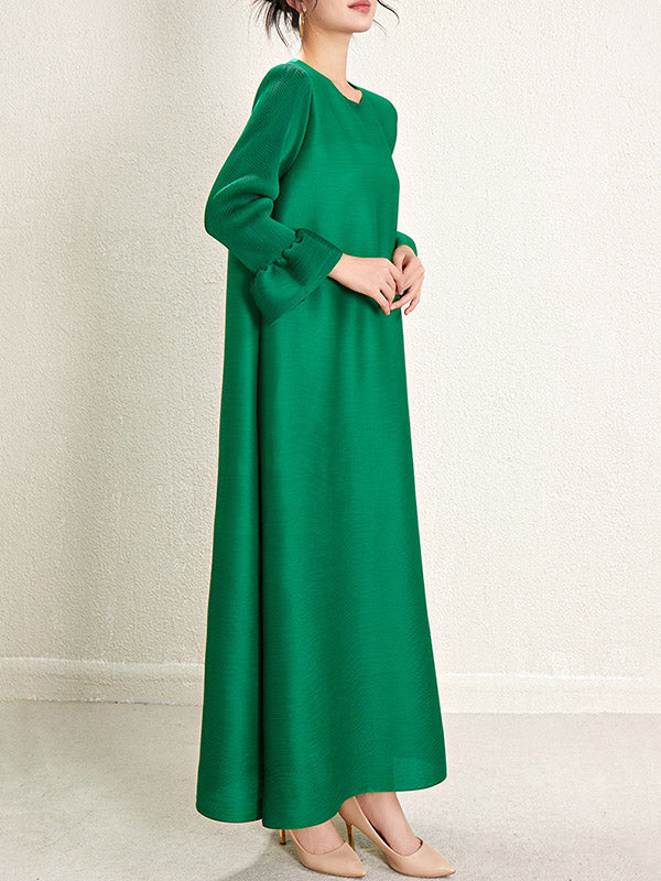 Pleated Solid Color A-Line Loose Round-Neck Maxi Dresses